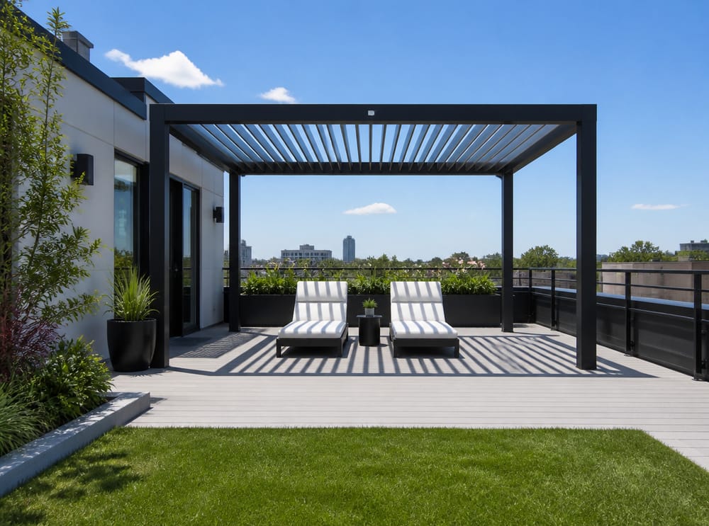 Pergola in alluminio nera su terrazza panoramica