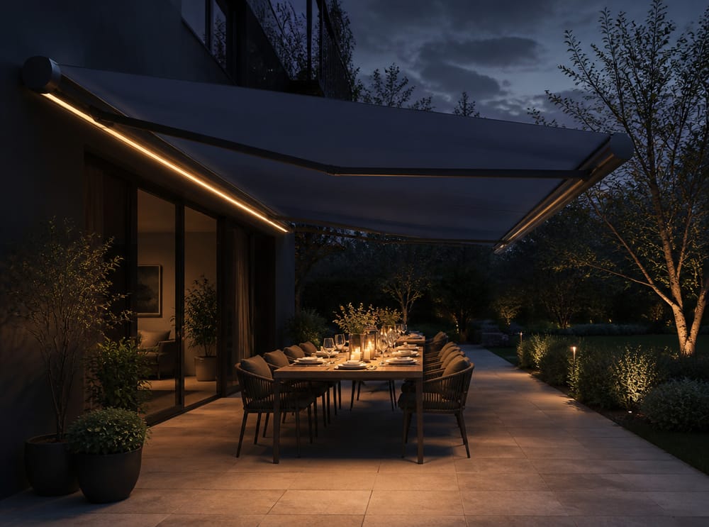 Tenda illuminata a LED sopra tavolo illuminato da candele al crepuscolo