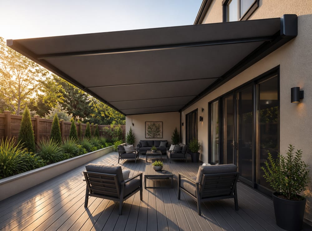 Tenda a cassonetto integrale su patio stretto e lungo