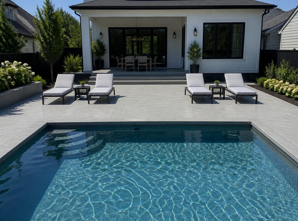 Deck de piscina alisado con duplas de tumbonas