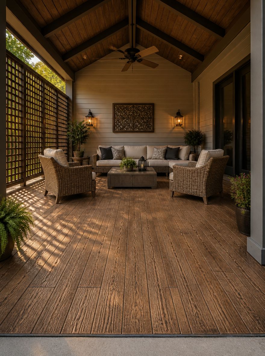 Patrón de tabla de madera estampada en piso de patio cubierto