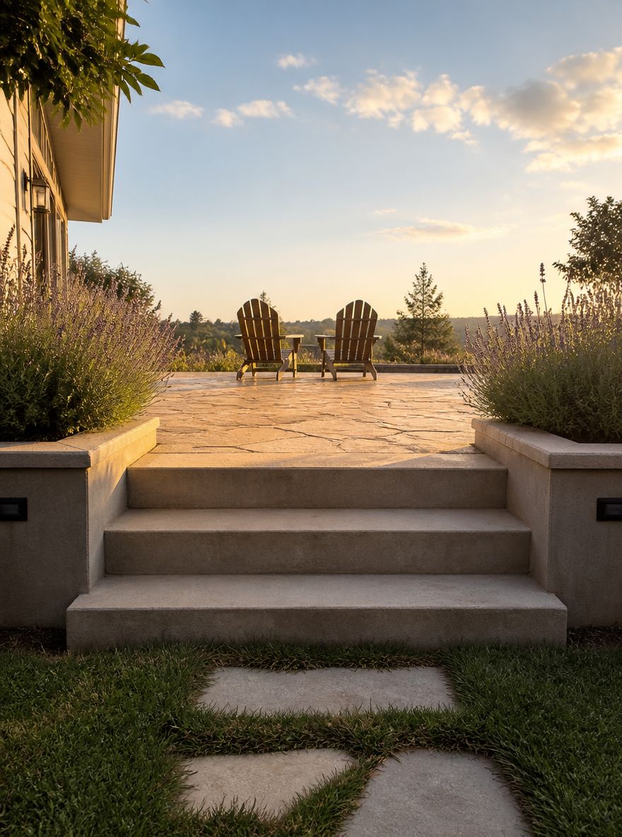 Patio elevado con estampado de laja sobre escalones de jardín
