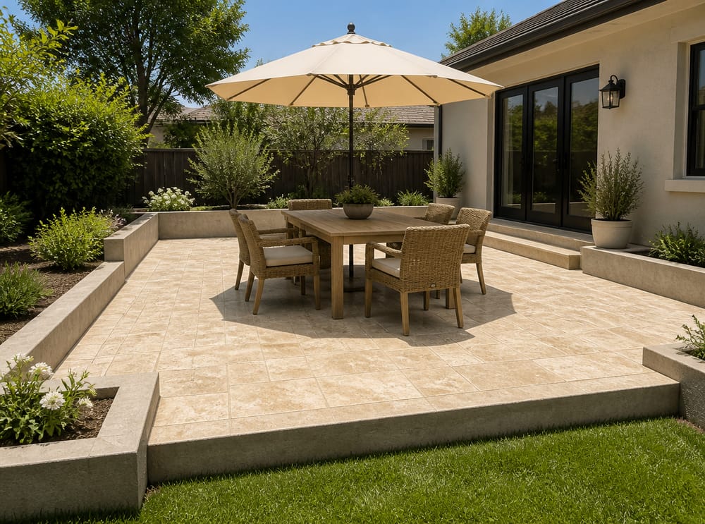 Patio con estampado de travertino marfil y sillas de ratán