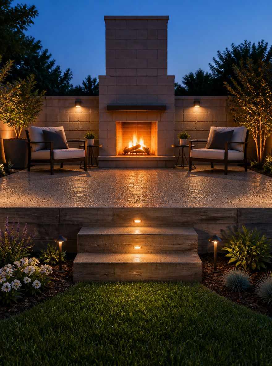 Patio con borde formado en tablas y chimenea de concreto