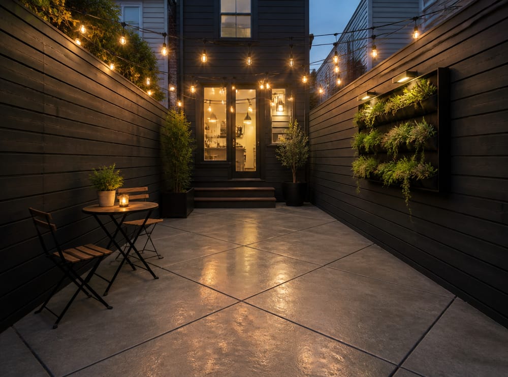 Patio pequeño urbano con diamante marcado y jardín vertical