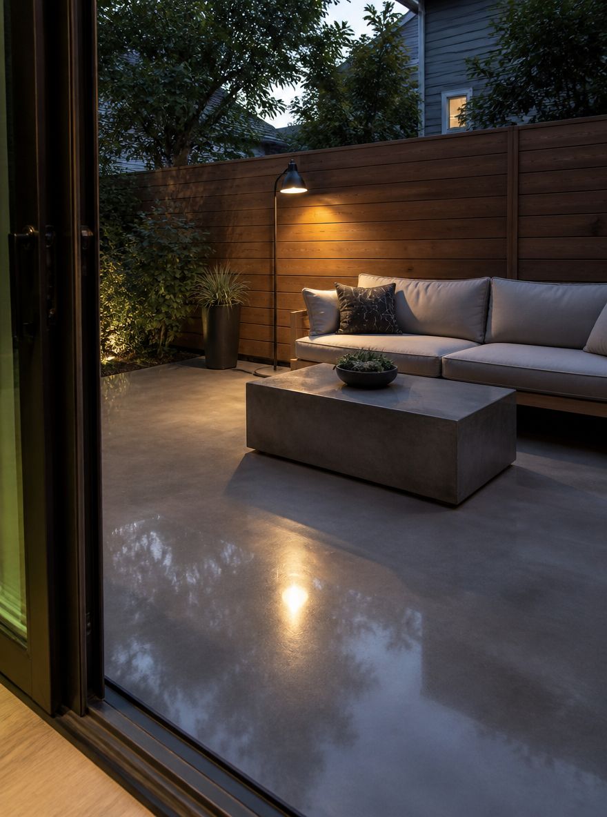 Patio sellado de alto brillo con sofá moderno bajo