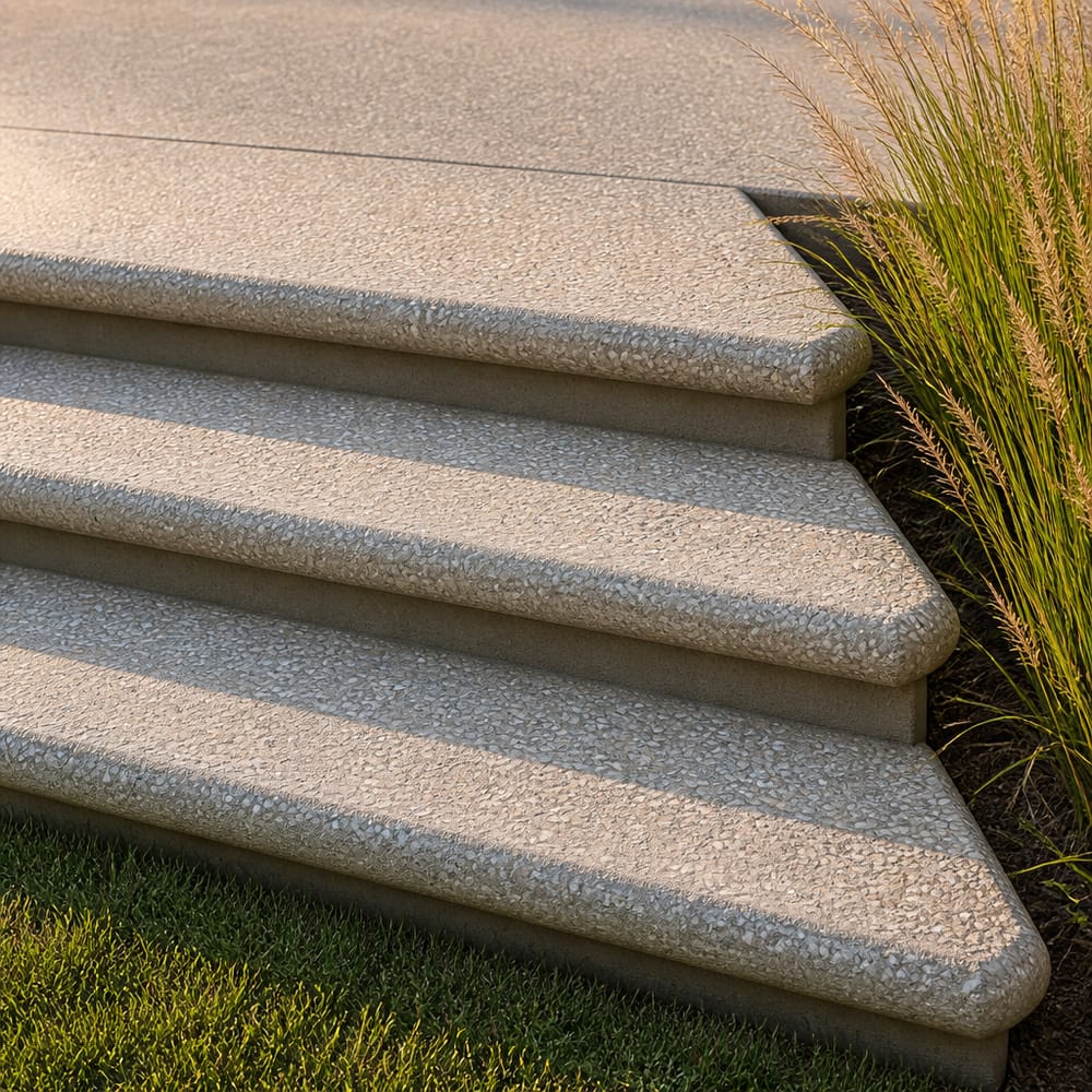 Escalones de patio con nariz de toro y árido, junto a pasto ornamental