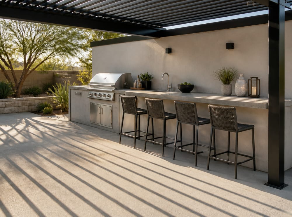 Patio acabado de escoba con isla de cocina exterior de concreto