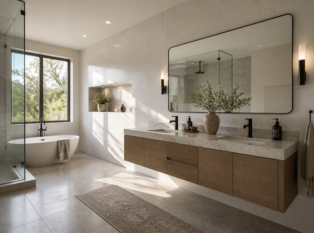 Yüzer lavabo duvarında ortalanmış dekoratif niş