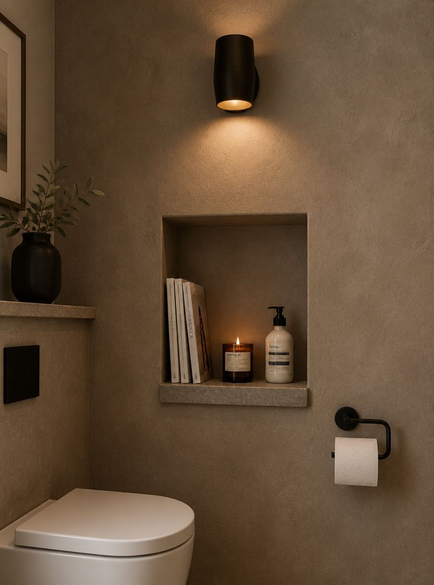 Beton raflı tuvalet yanında limewash duvar nişi
