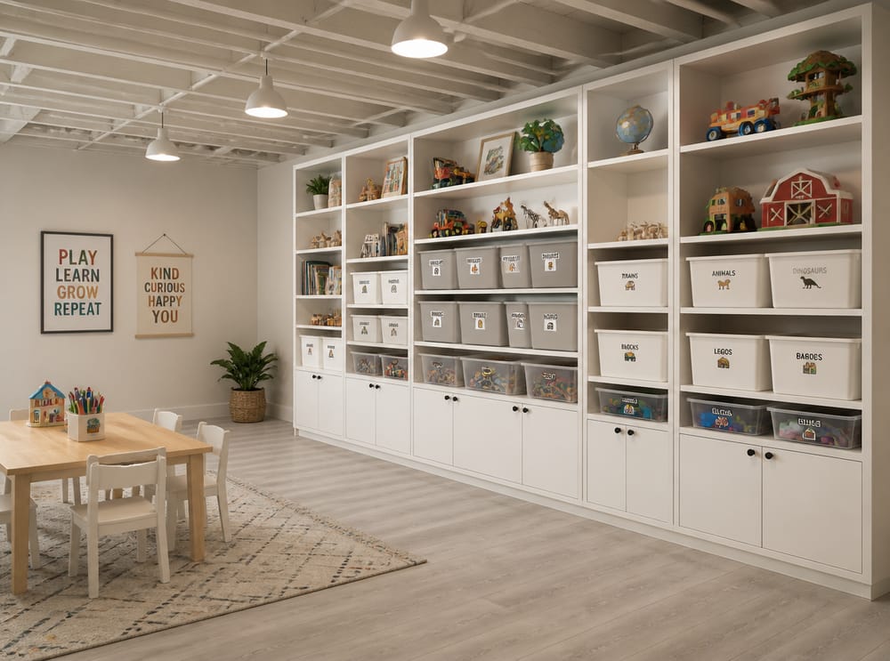 Pared modular de estanterías con almacenamiento abierto y cerrado