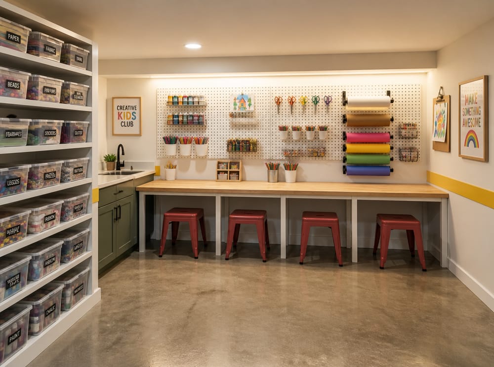 Mesa de manualidades con pared de herramientas y fregadero