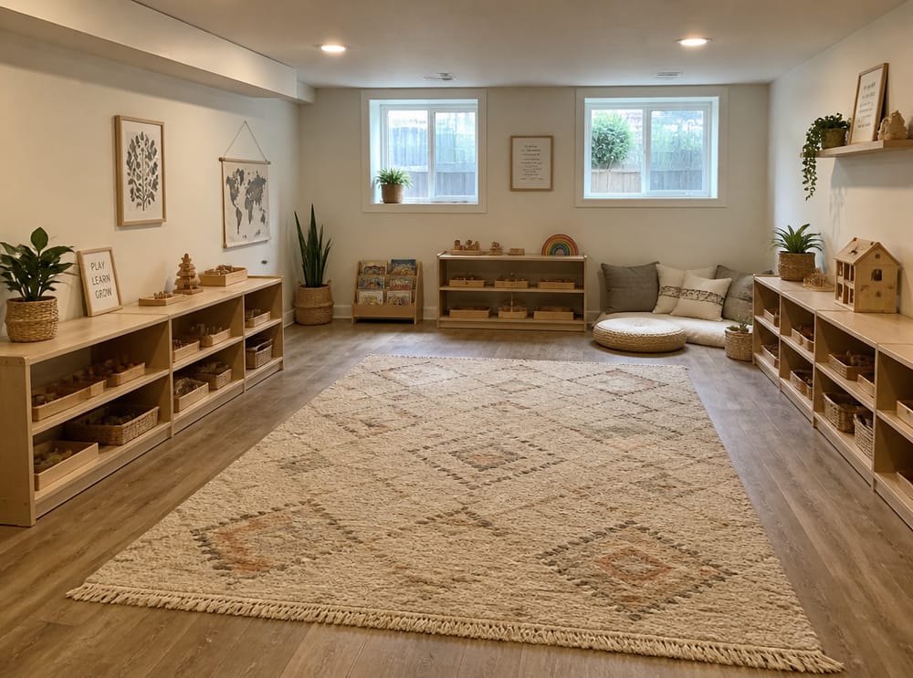 Estantes Montessori a la altura de los niños, espacio central libre