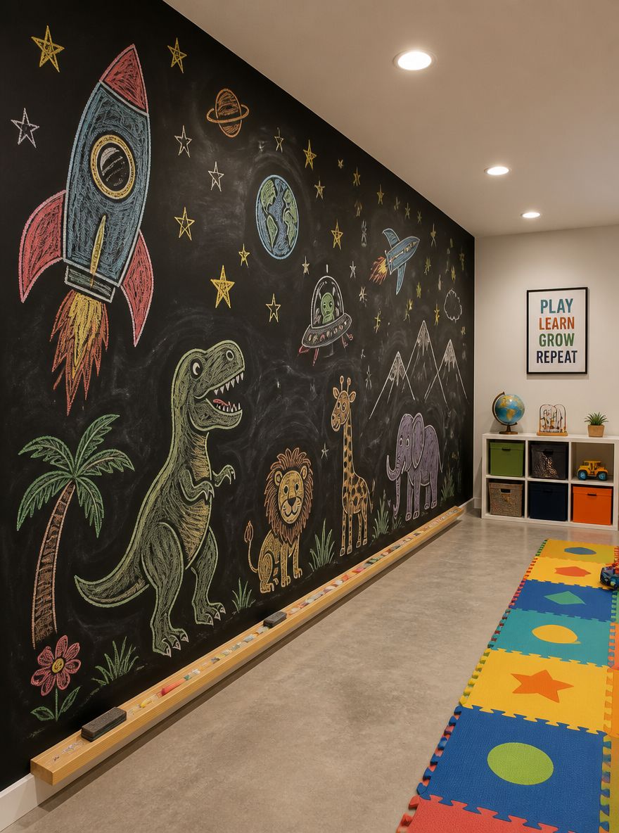 Pared de pizarrón de altura completa con repisa para tizas