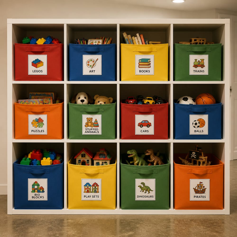 Cubetas organizadoras codificadas por color y etiquetadas por categoría