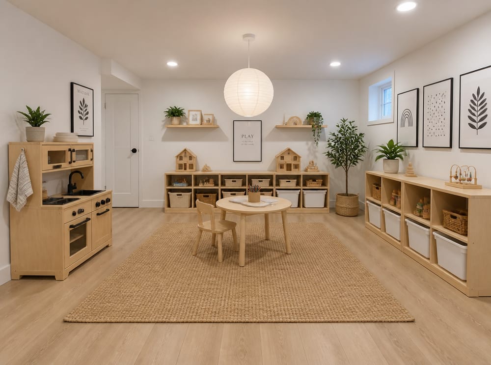 Sala de juegos de paleta escandinava con muebles de abedul y cestas naturales