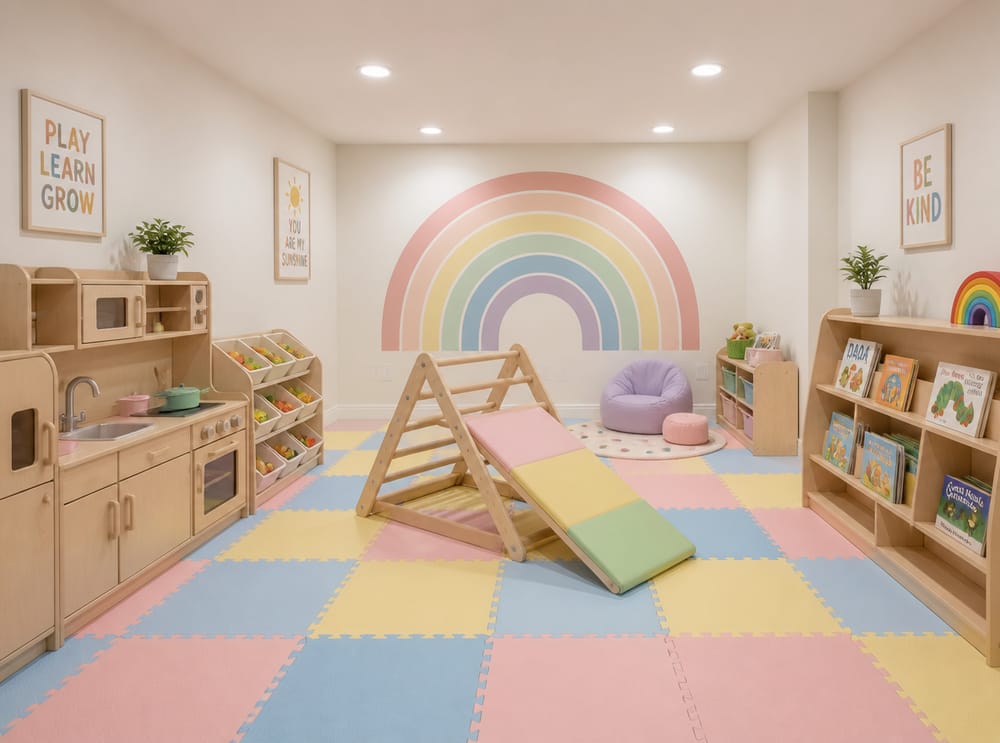 Sala de juego para niños pequeños con losetas de foamy y equipo blando
