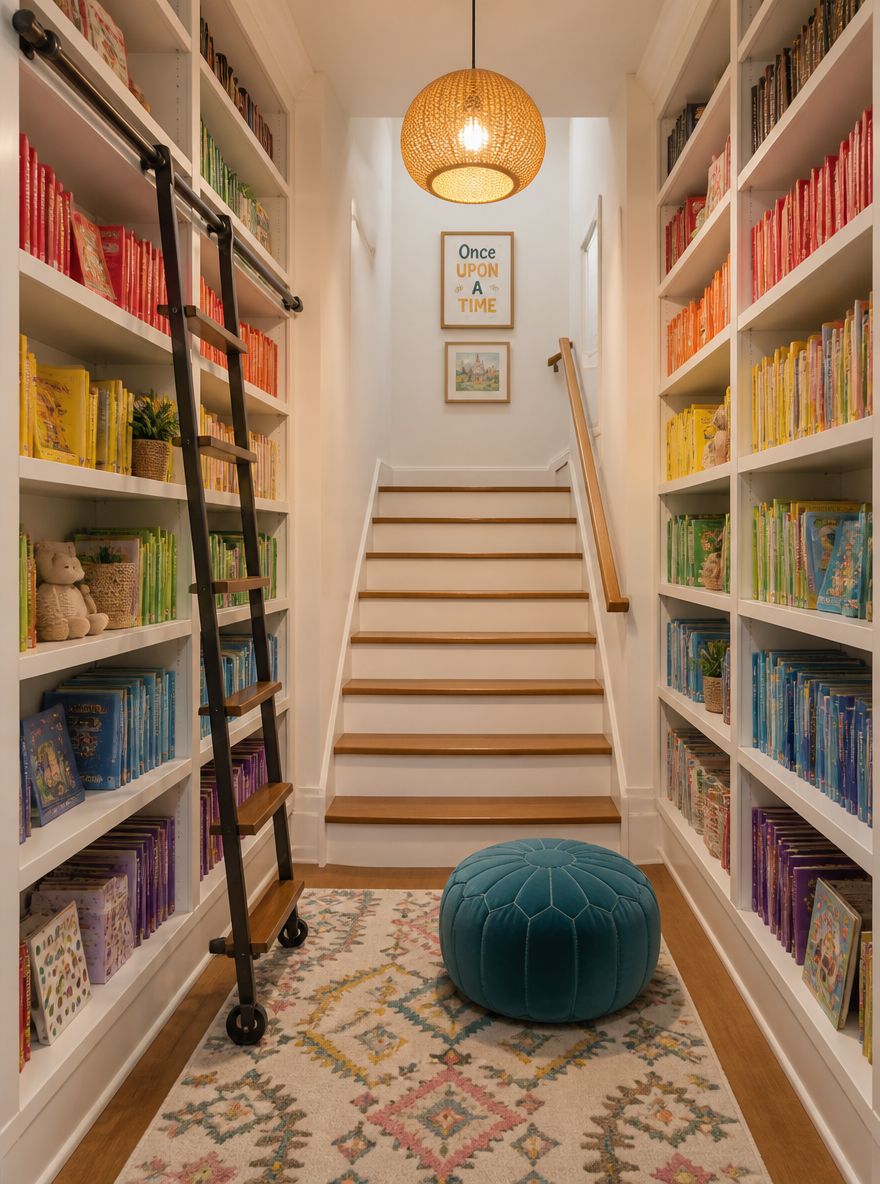 Mini biblioteca en el descanso de la escalera con escalera móvil