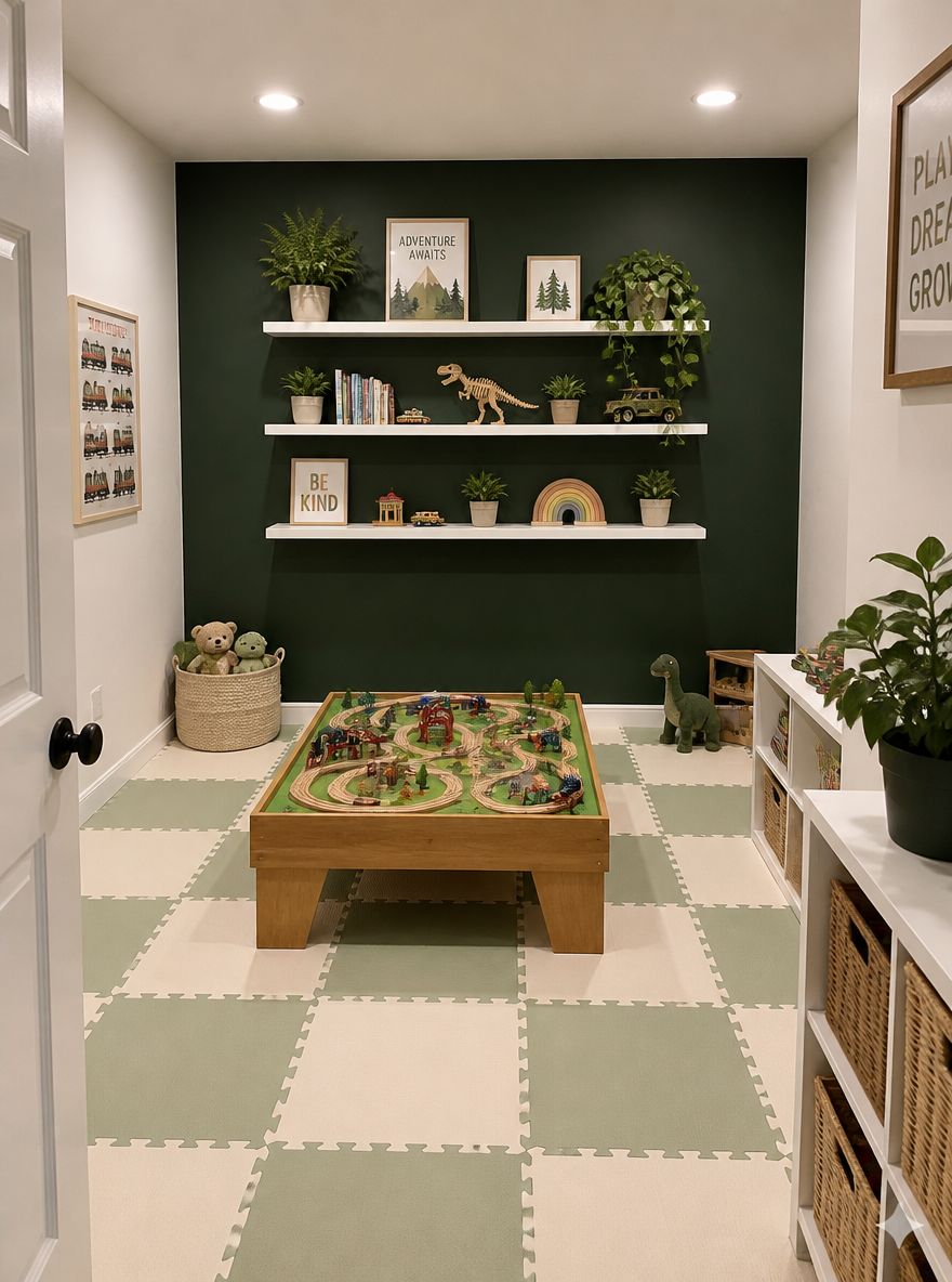 Muro verde oscuro detrás de mesa baja para trenes