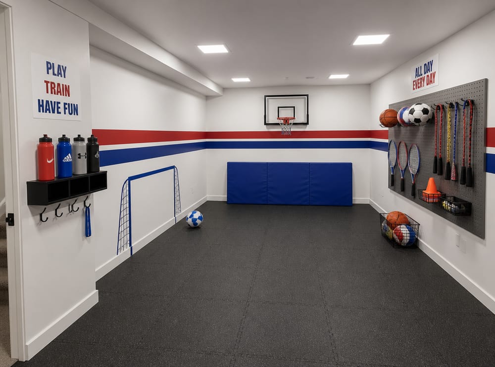 Sala de juegos temática deportiva con aro, portería y ganchos para equipo