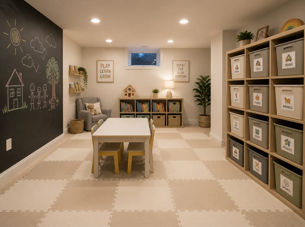 Sala de juegos al final del día, cubetas guardadas y piso despejado