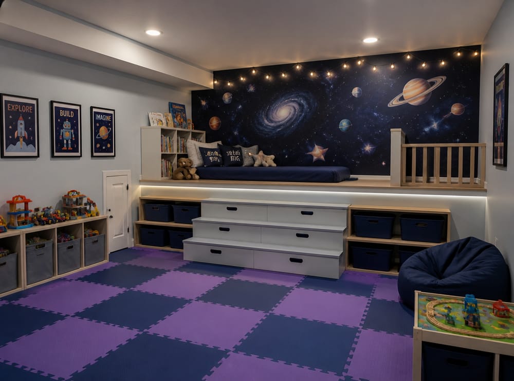 Muro decorativo de galaxia detrás de plataforma de lectura elevada