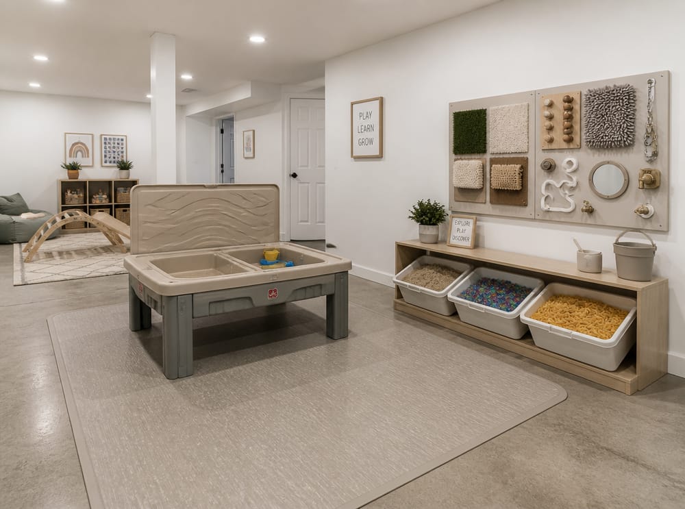 Zona sensorial con mesa de arena y panel táctil en la pared