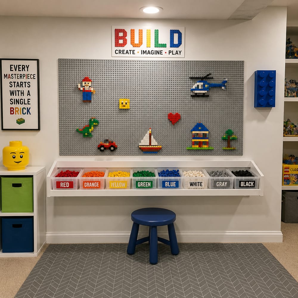 Base para LEGO montada en la pared y cubetas clasificadas por color