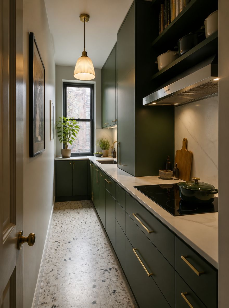 Cocina de una sola pared verde bosque hacia ventana