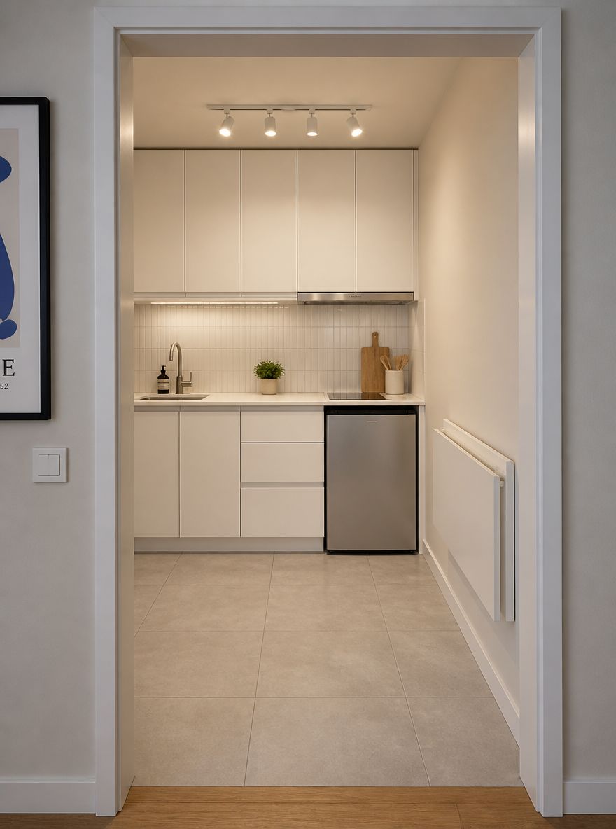 Cocina de una sola pared en nicho con mesa abatible