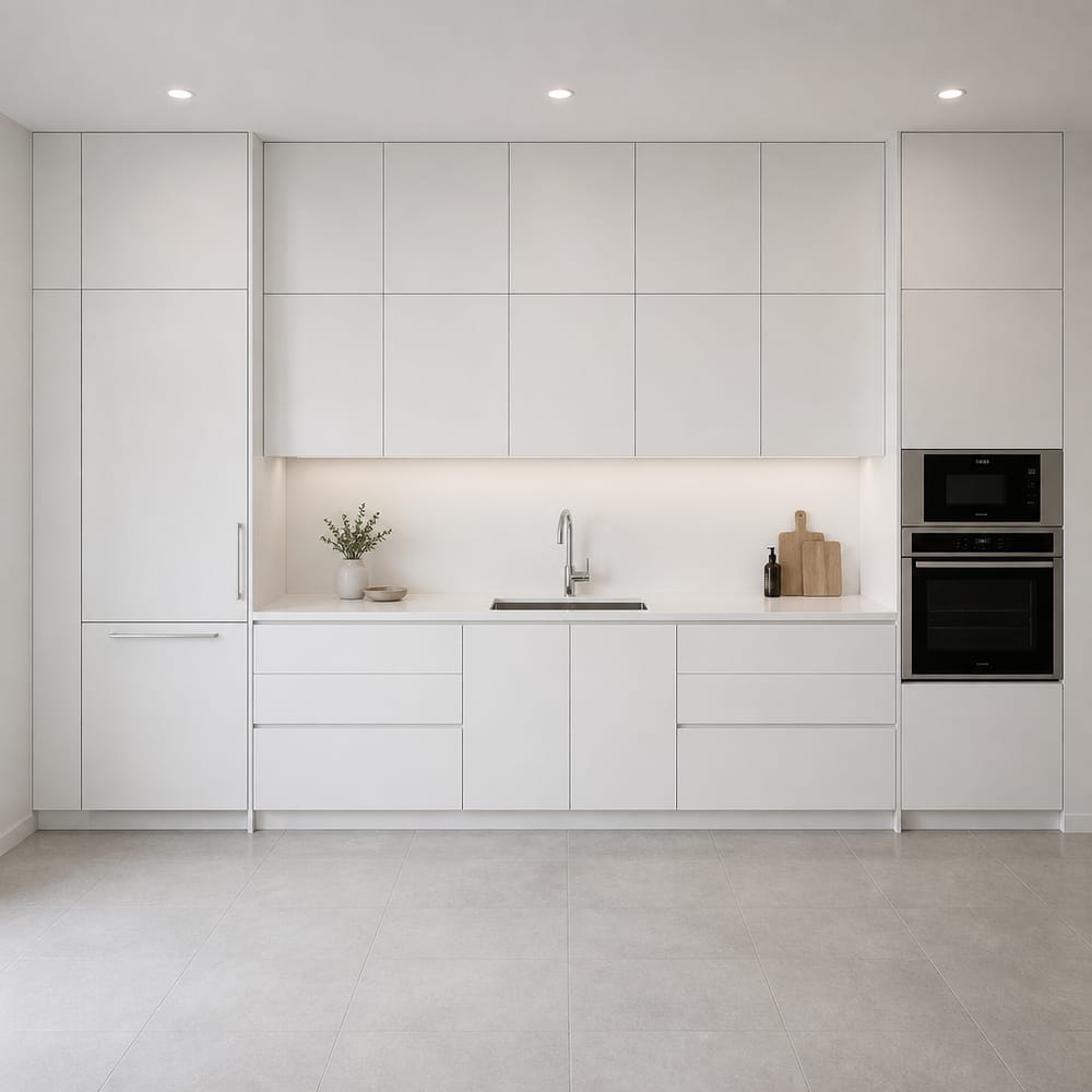 Electrodomésticos integrados blancos en cocina minimalista