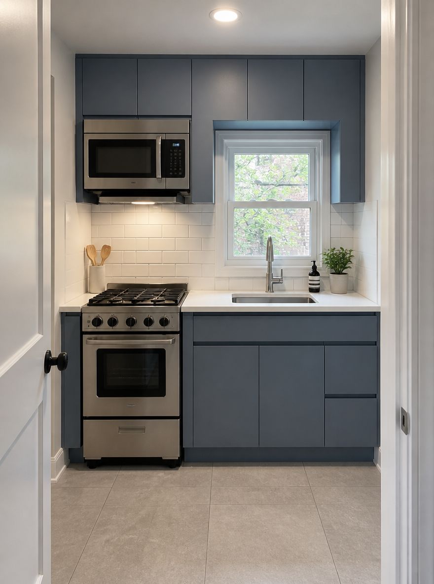 Cocina de una sola pared azul empolvado en espacio compacto