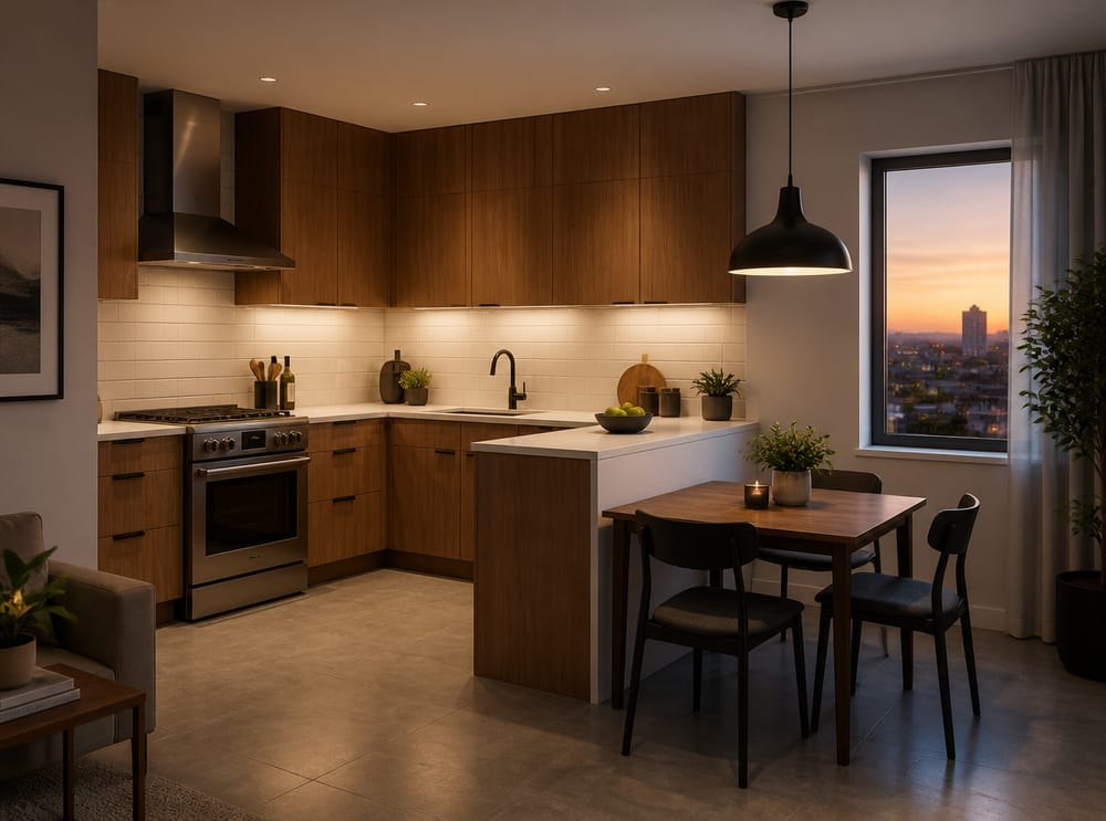 Cocina en L que se abre a mesa de comedor compacta
