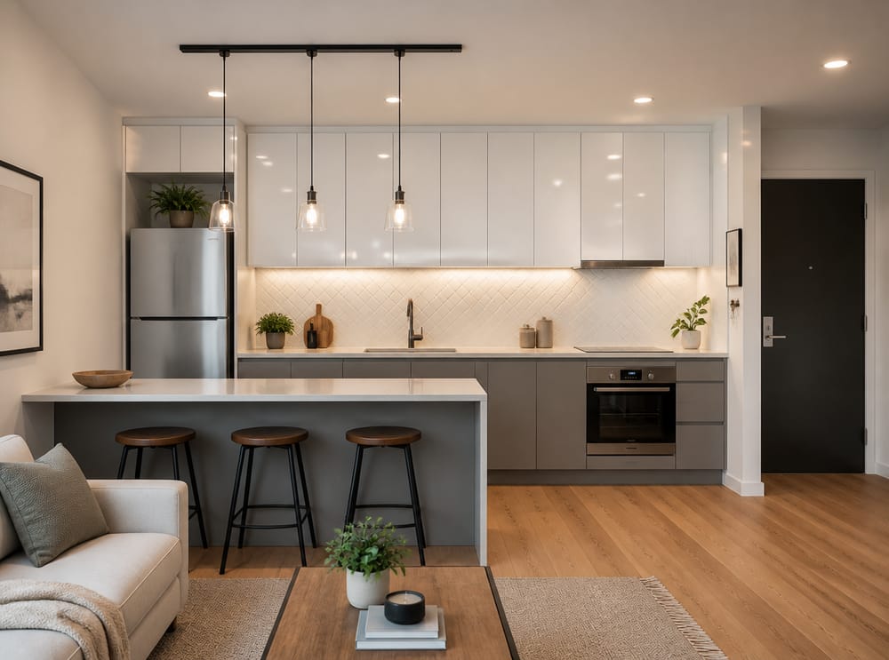 Cocina de una pared detrás de la península en estudio