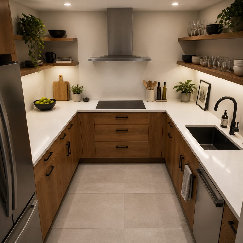 Vista aérea de cocina en U de madera y cuarzo