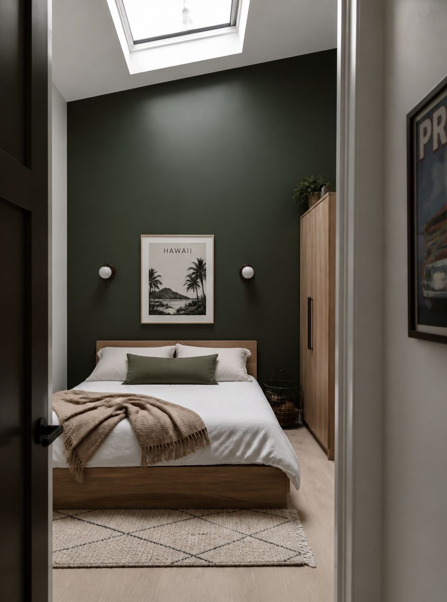 Pared acento verde intenso, cama tipo plataforma