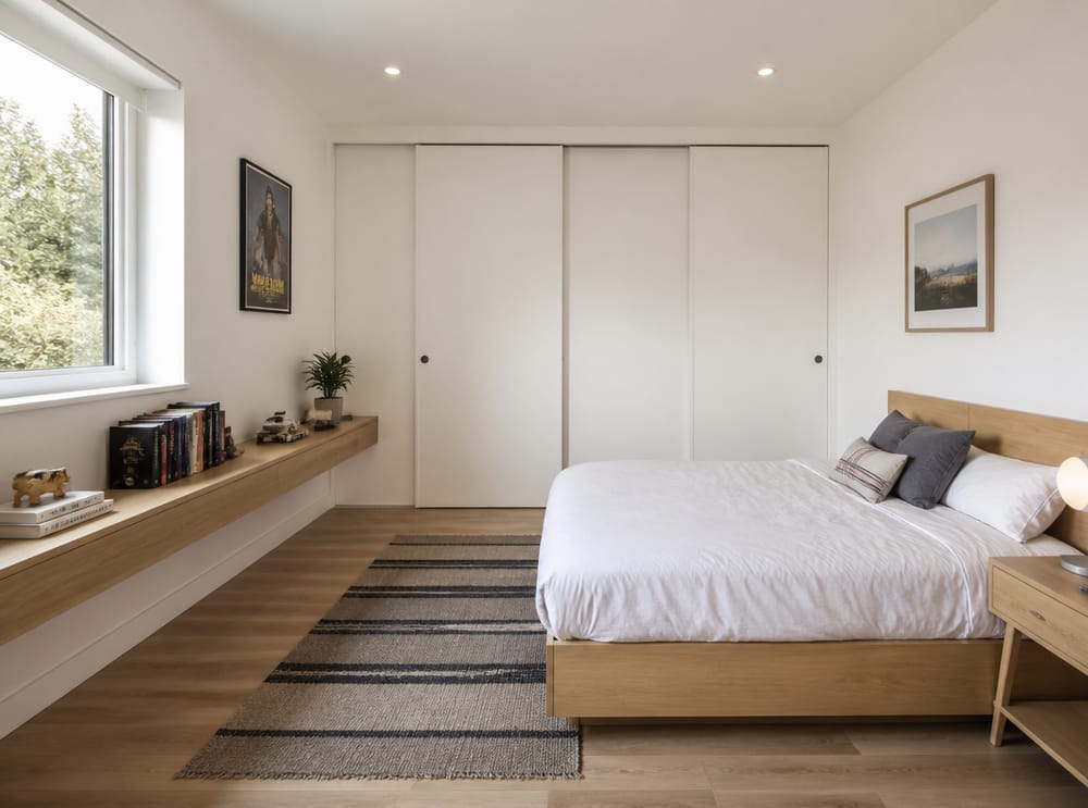 Cama baja de madera, estante flotante largo