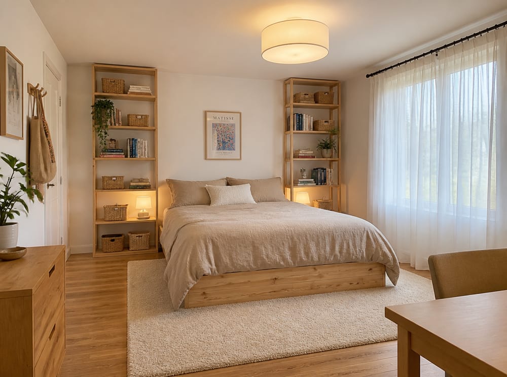 Cama de plataforma de pino, estantes abiertos a los lados