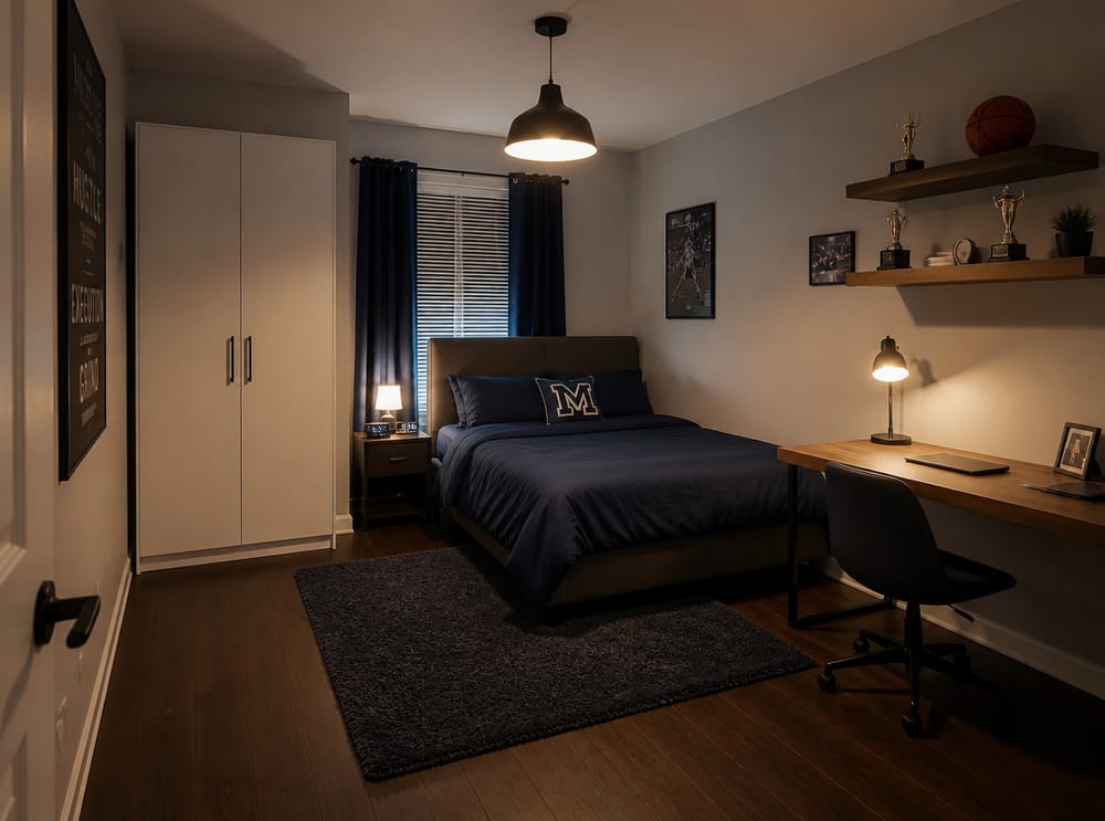 Ropa de cama azul medianoche, escritorio flotante en la pared derecha