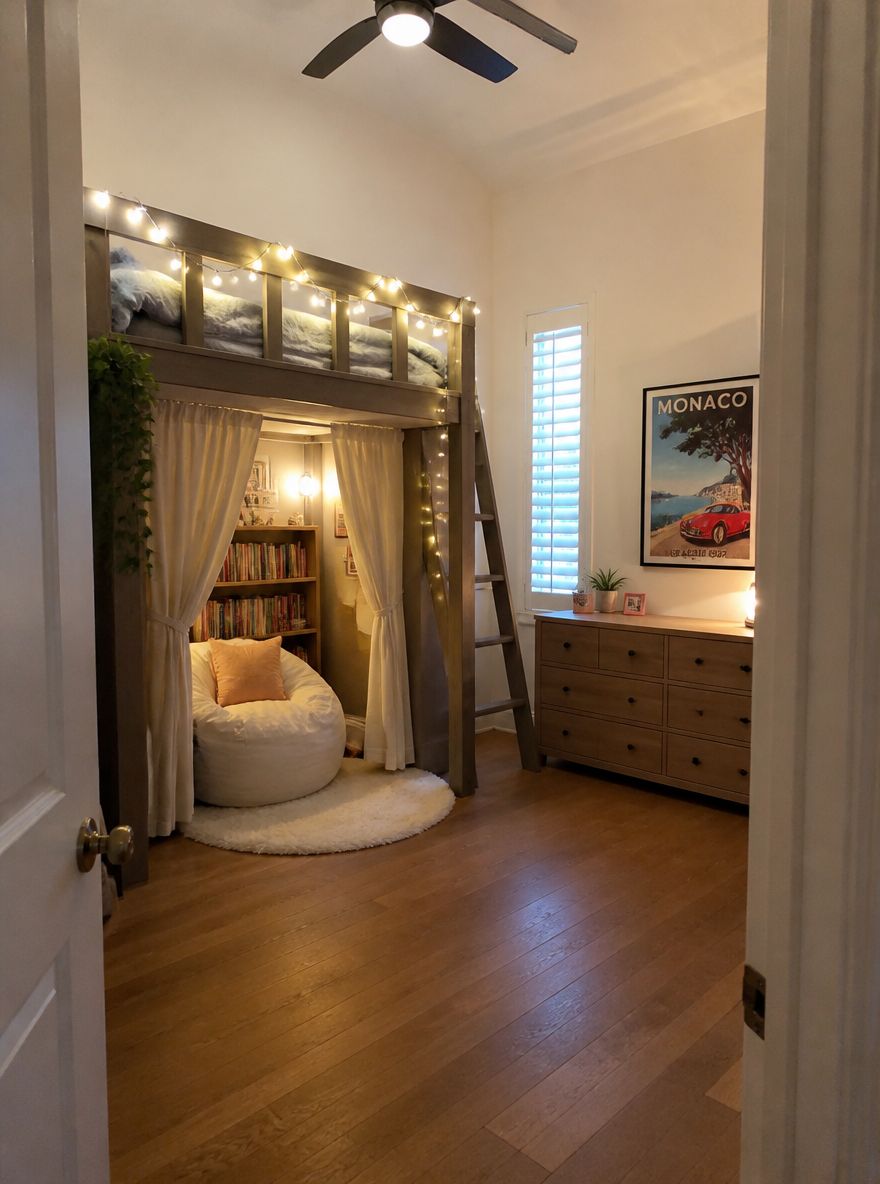 Cama elevada con rincón de lectura con cortina abajo