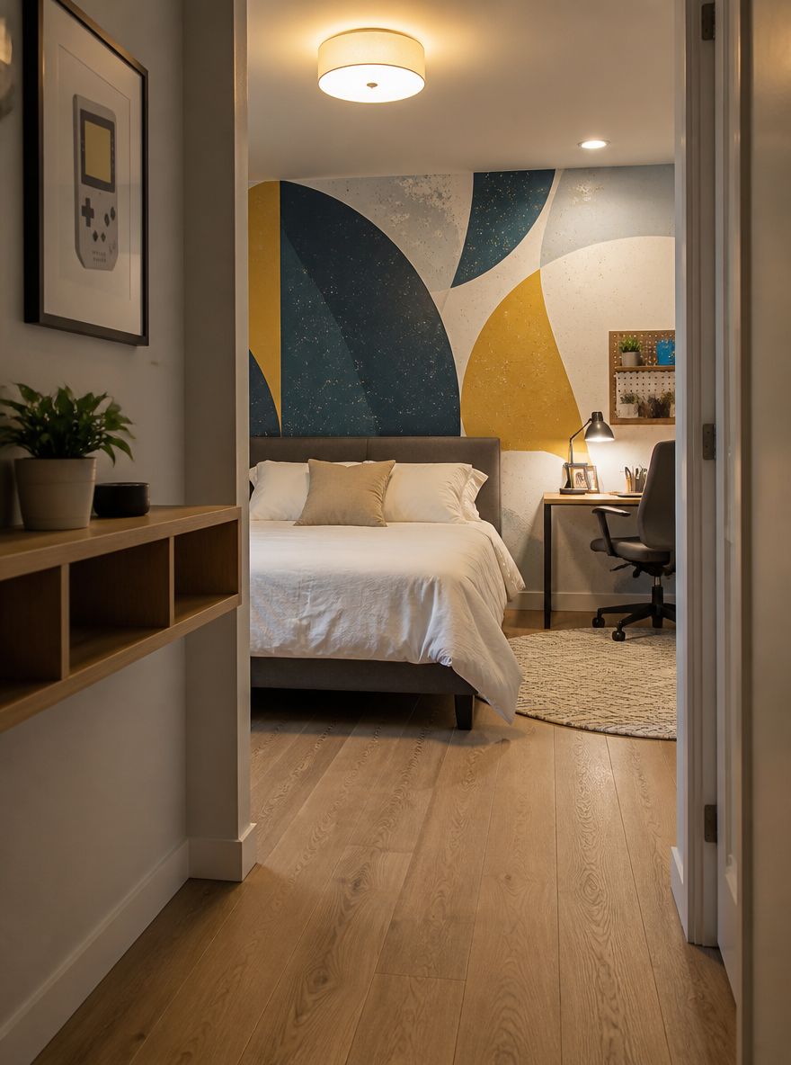 Mural abstracto detrás de la cama con edredón blanco