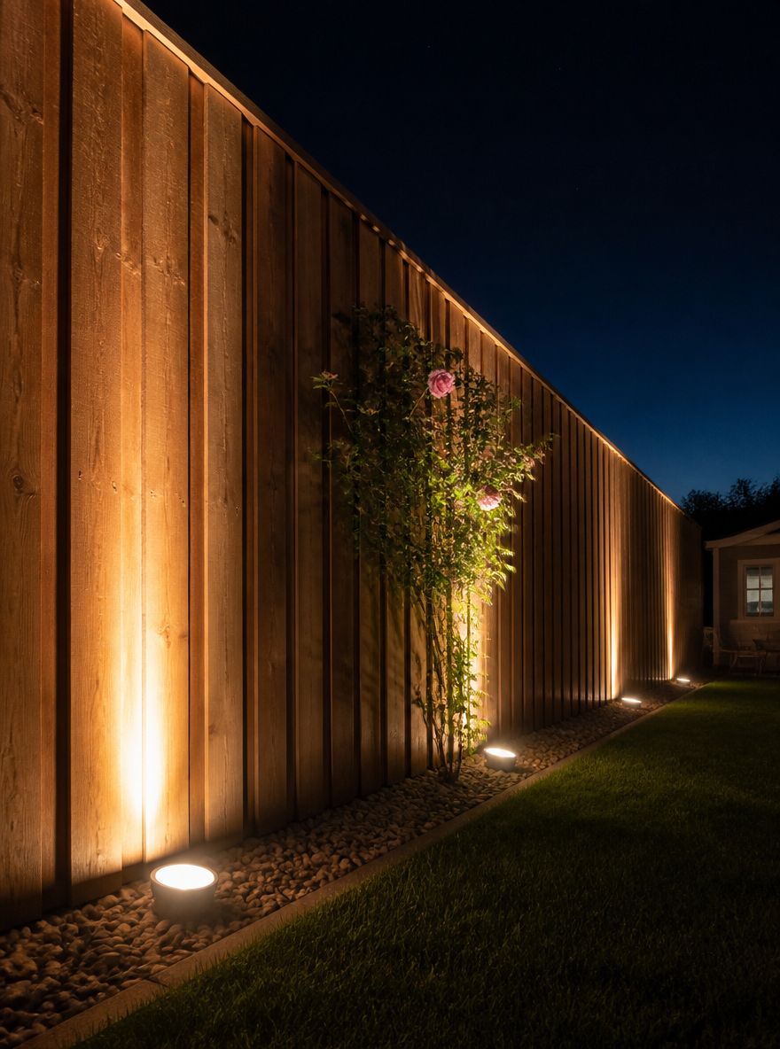 Uplights emphasizing height of cedar privacy fence