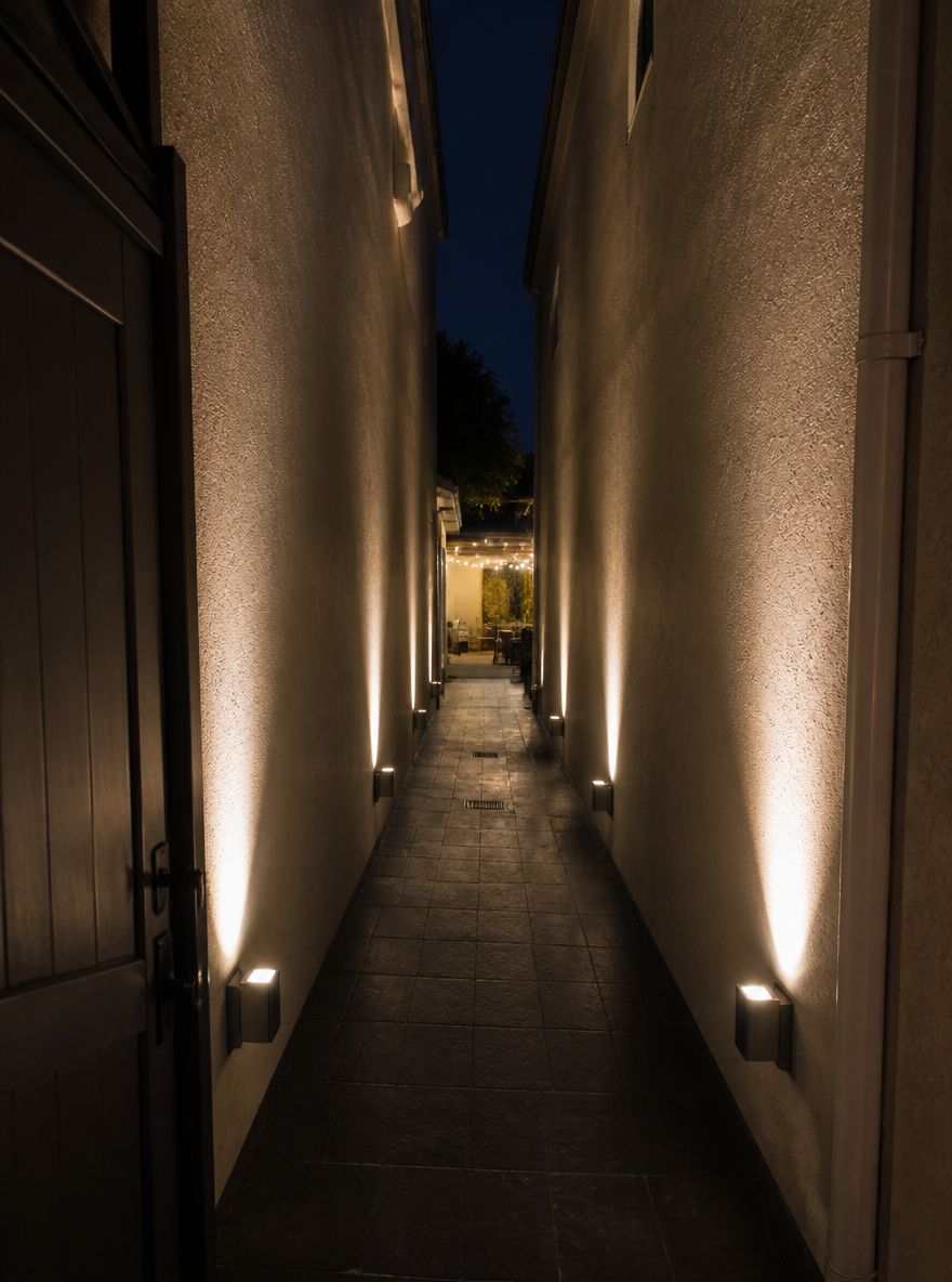 Narrow side-yard passage with wall-wash scallop pattern