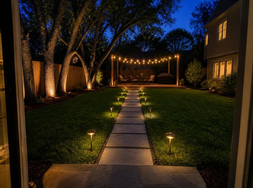 Stone path flanked by evenly spaced brass path lights