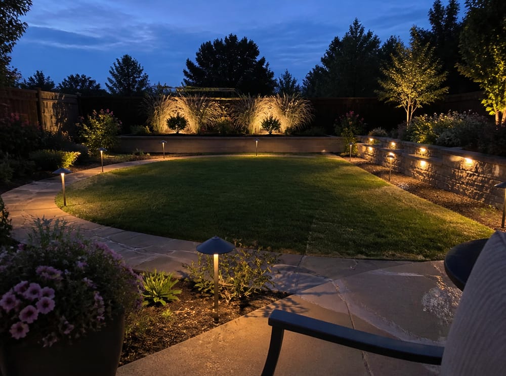 Curved flagstone walkway with mushroom-cap path lights