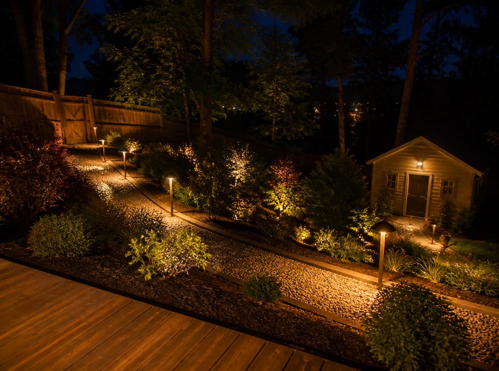 Winding gravel path descending slope with dome path lights