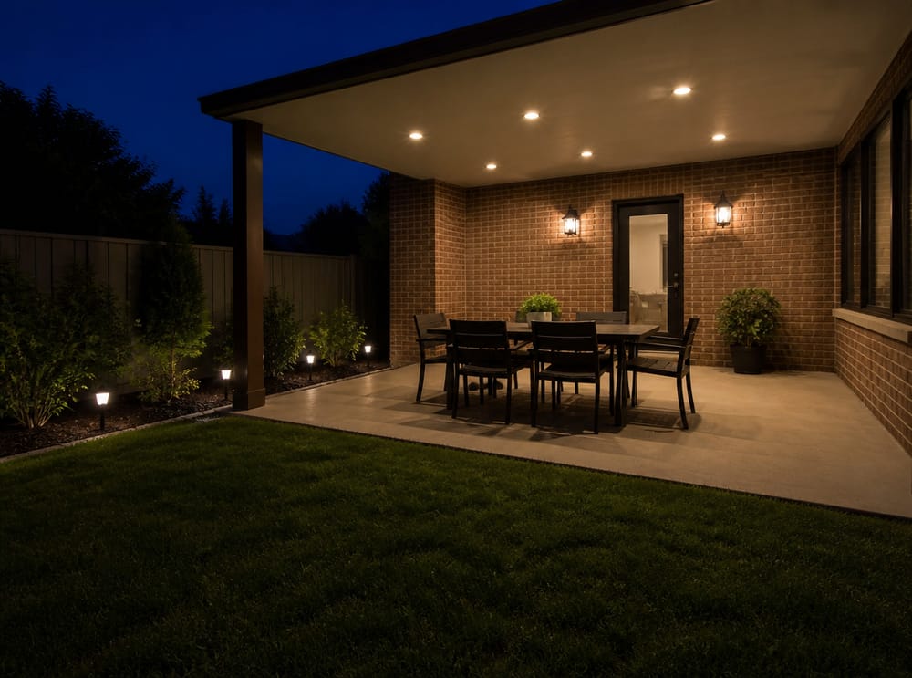 Covered patio with recessed downlights over dining table