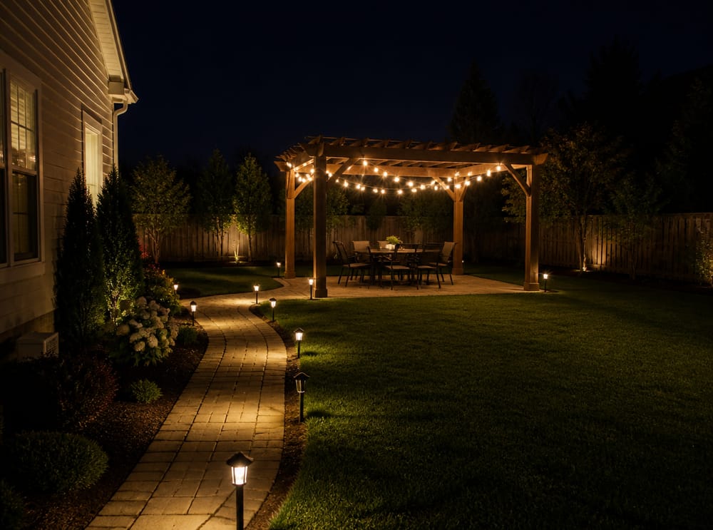 Pergola with Edison string lights over round table