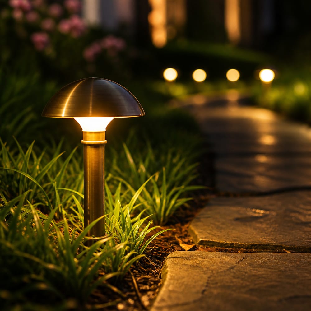 Brass dome path light glowing at flagstone edge