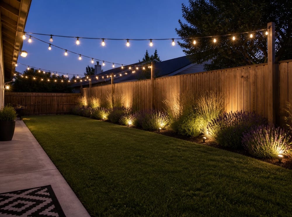 Ornamental grasses and lavender lit at soil level